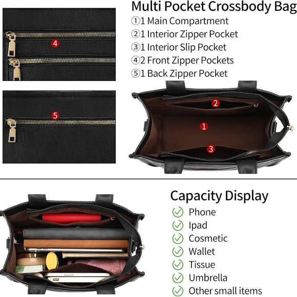 Black PU Leather Tote Bag for Women, Multi-Pocket, Travel-Compatible - Picture 3 of 8